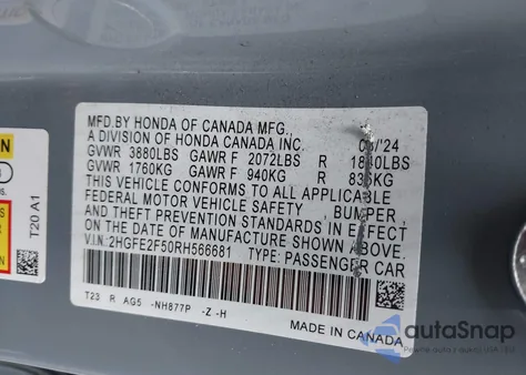 2024 Honda Civic Sport from USA, damaged, VIN 2HGFE2F50RH566681